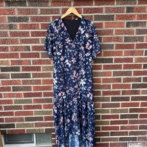 Dusty Navy Blue Orange Floral Chiffon Short Sleeve Flounce V Neck Ruffle Dress